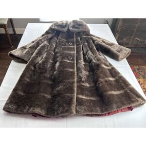 Vintage Glam Brown Faux Fur Swing Coat Lg-XL Mid‎ Century Luxe Mob Wife Elegant